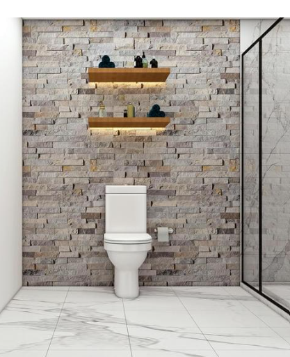 Baño con pared de piedra